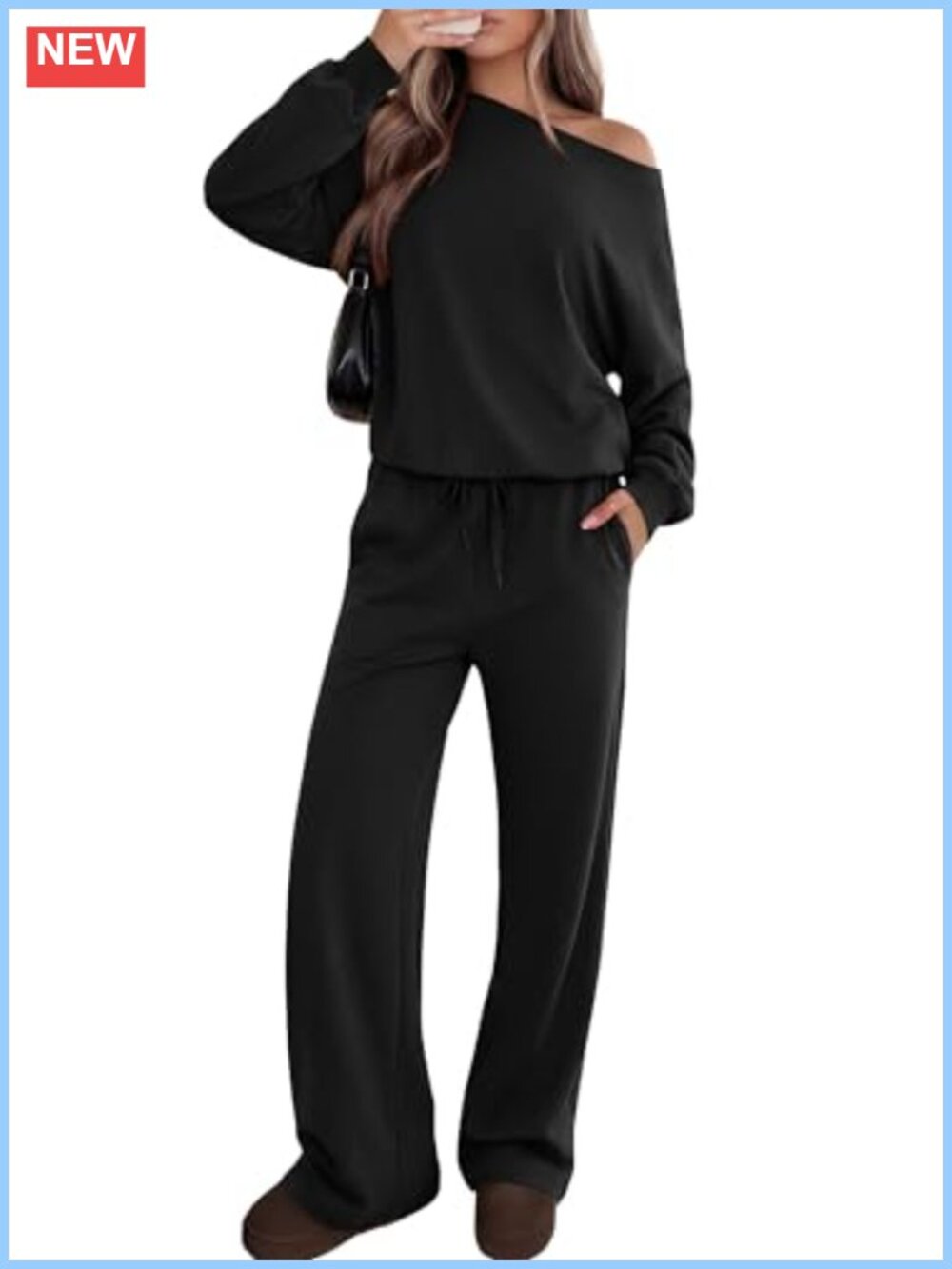 Off the Shoulder Knit Lounge Set Wide Leg Pants 2 Piece Sweatsuit